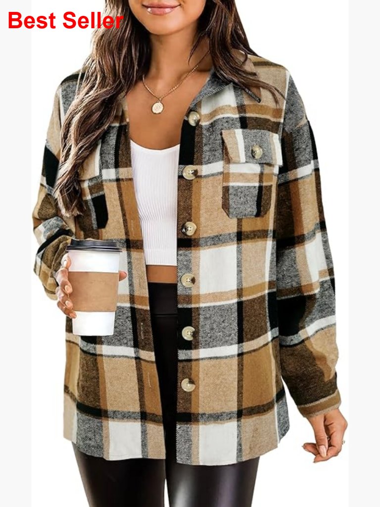 Flannel Plaid Shacket Jacket Button Down Trench Coat Long Sleeve